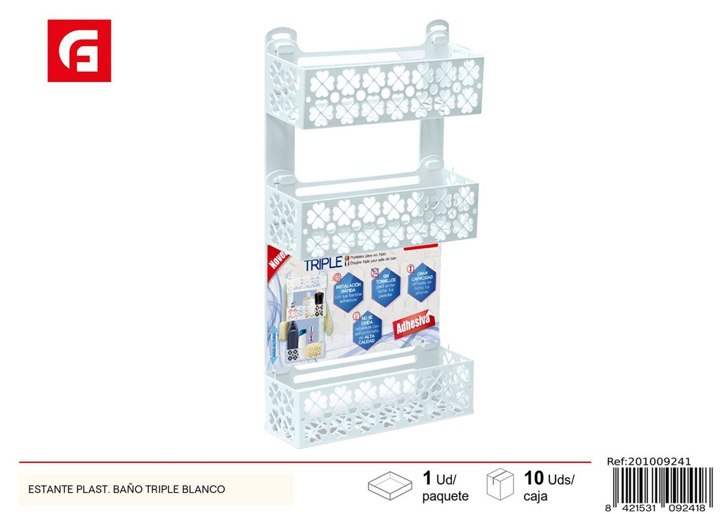 Estante triple de plástico blanco para baño