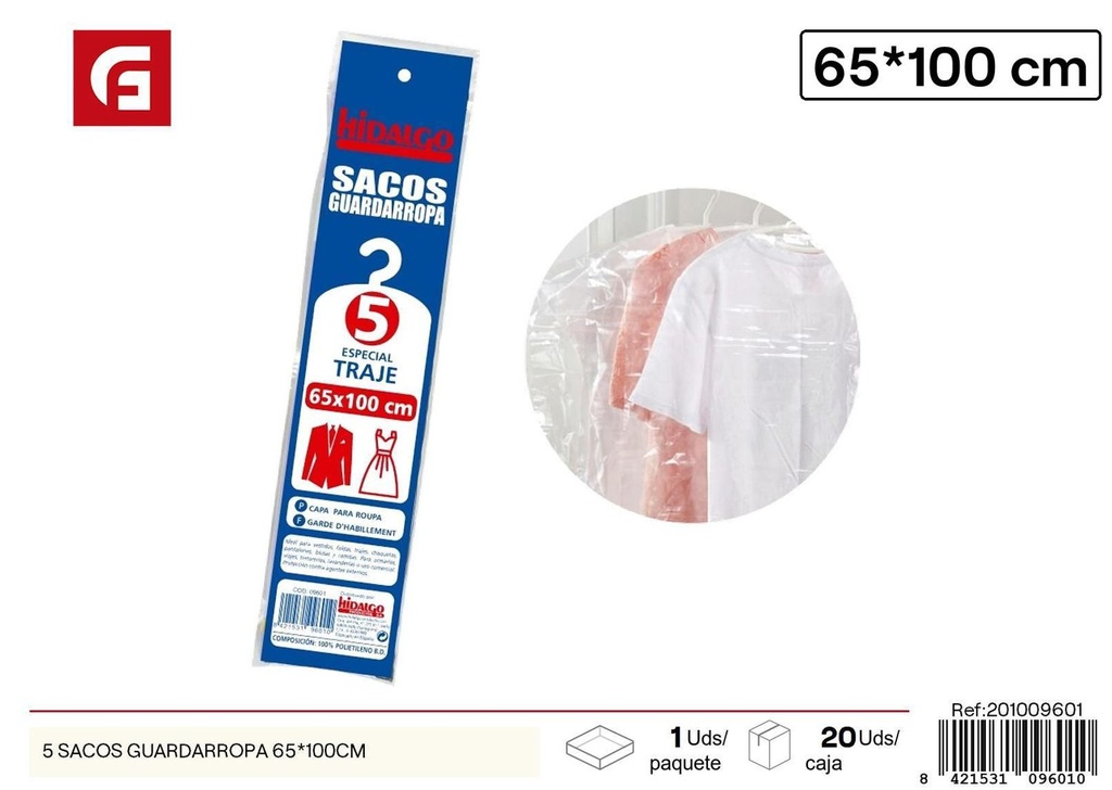 Sacos guardarropa 65*100cm 5pcs para almacenamiento de ropa