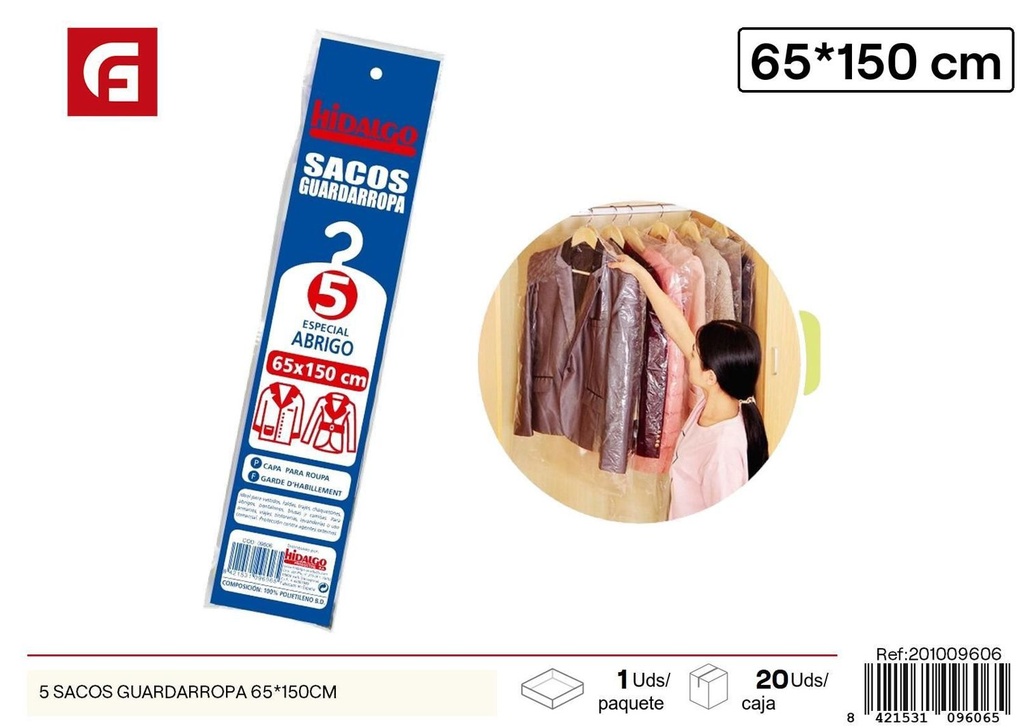 Fundas para ropa 5 sacos guardarropa 65x150cm - Organización textil
