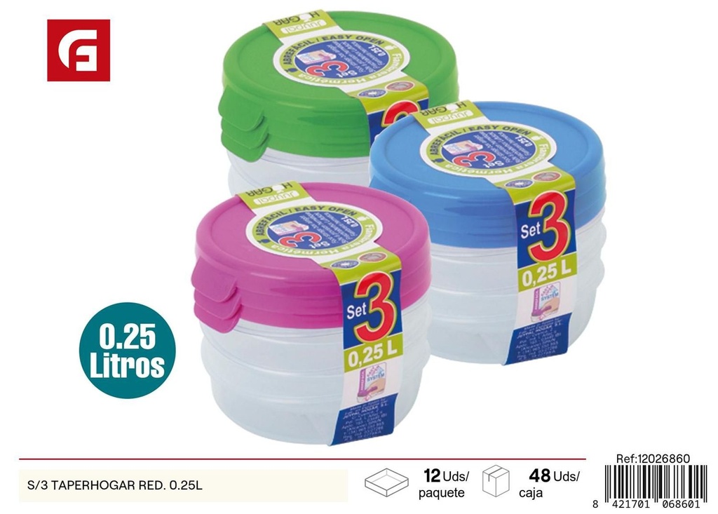 Taperhogar redondo 0.25L set 3 para almacenamiento de alimentos