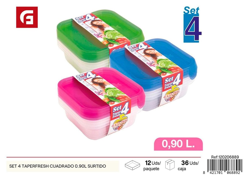 Set de 4 tupper fresh cuadrados 0.90L surtidos para almacenamiento de alimentos