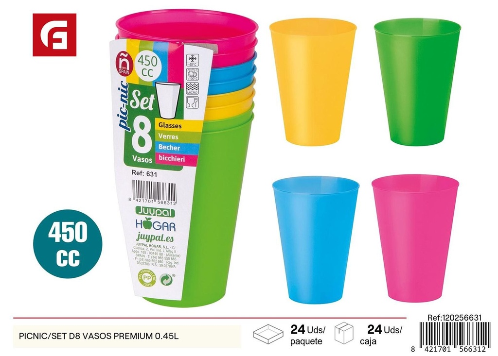 Set 8 vasos premium 0.45L para picnic