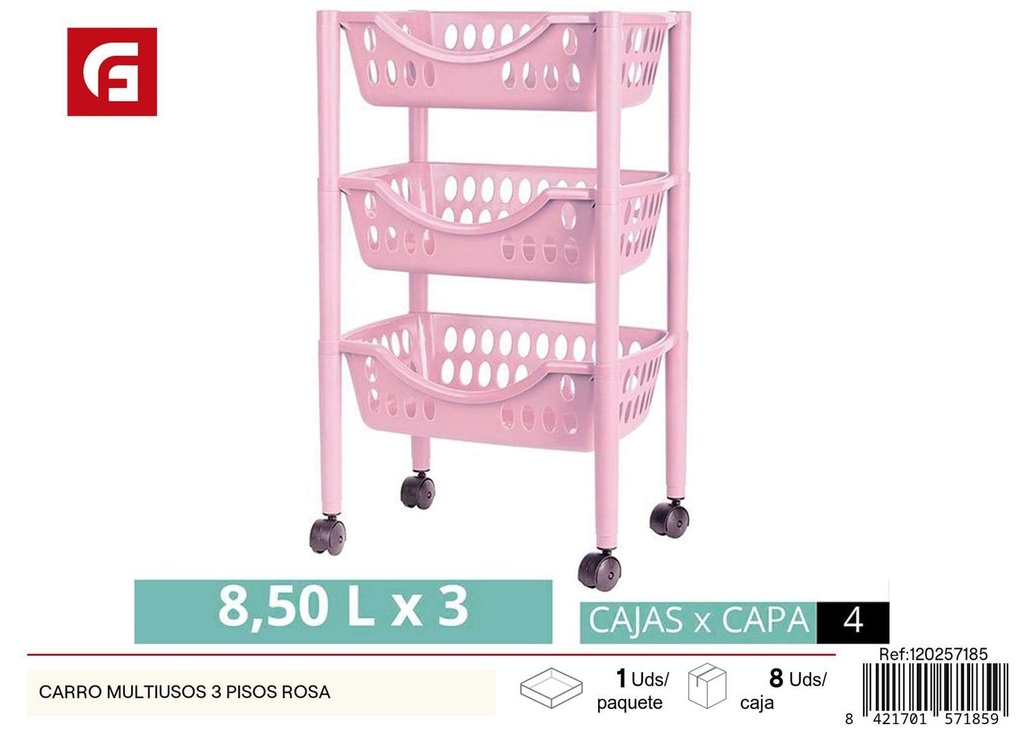 Carro multiusos de plástico 3 pisos rosa para almacenamiento en cocina