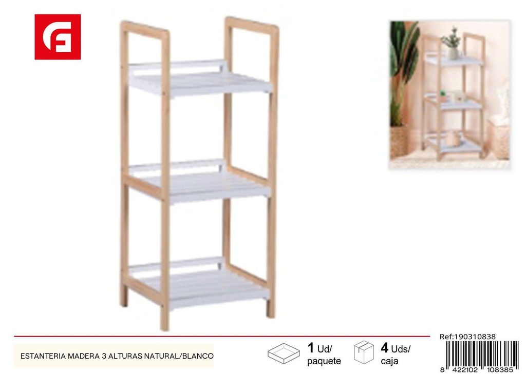 Estantería de madera 3 alturas natural/blanco