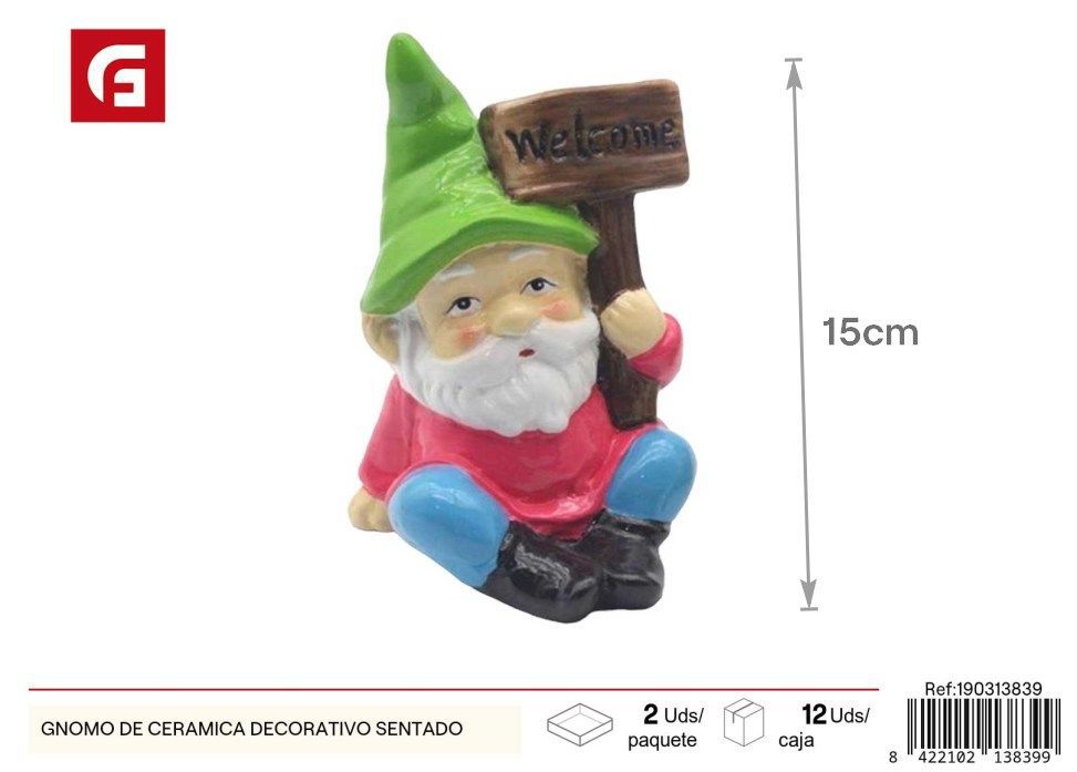 Gnomo de cerámica decorativo sentado para jardín