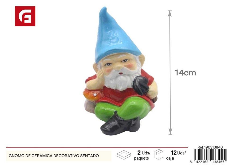 Gnomo de cerámica decorativo sentado - Adorno de jardín