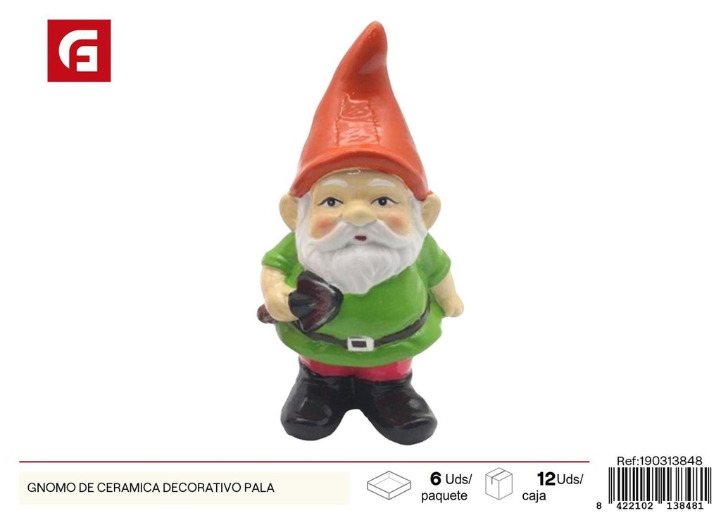 Gnomo de cerámica decorativo con pala para jardín