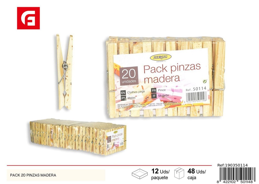 Pack de 20 pinzas de ropa de madera para lavandería