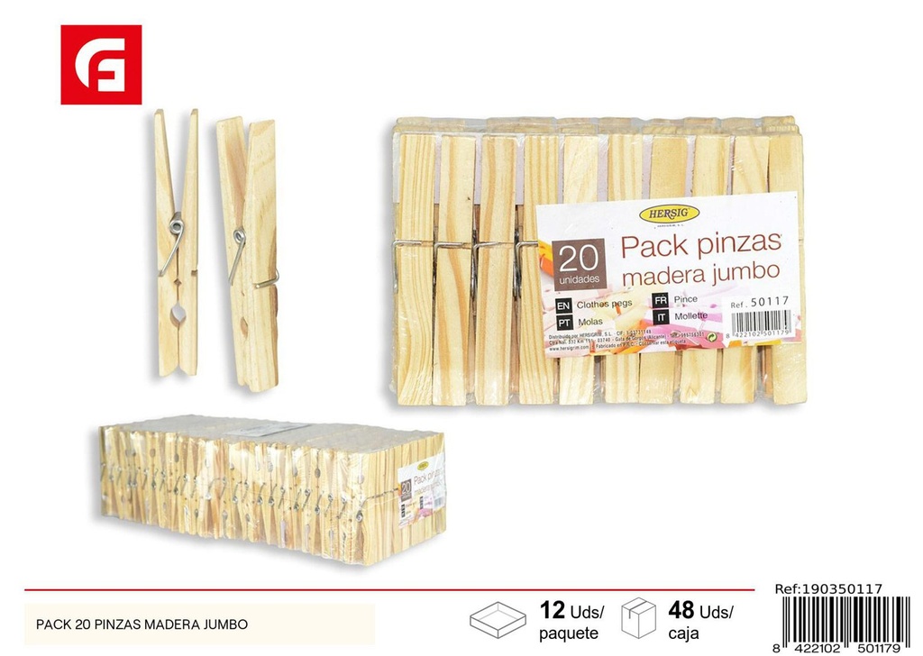 Pack 20 pinzas de madera Jumbo