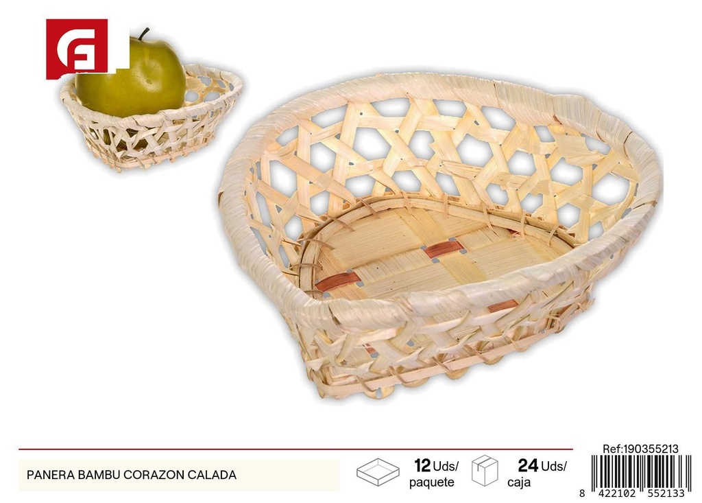 Panera de bambú en forma de corazón calada para pan y repostería