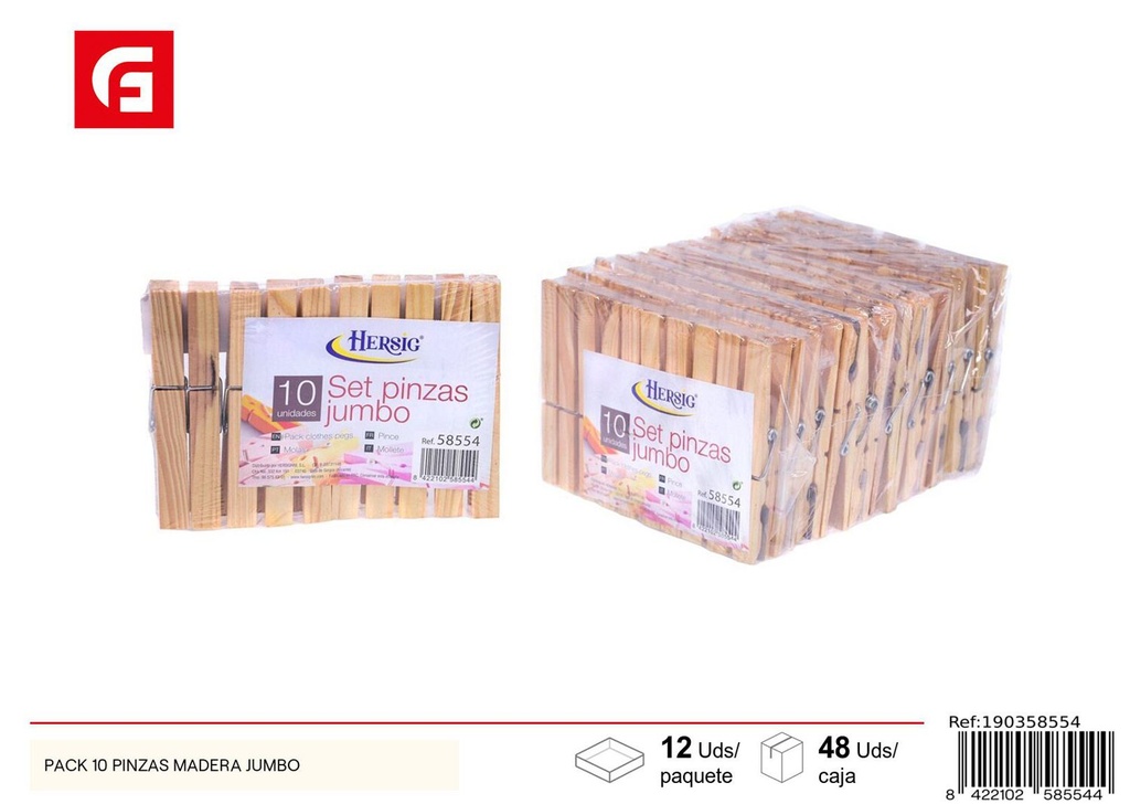 Pack de 10 pinzas de madera jumbo para ropa