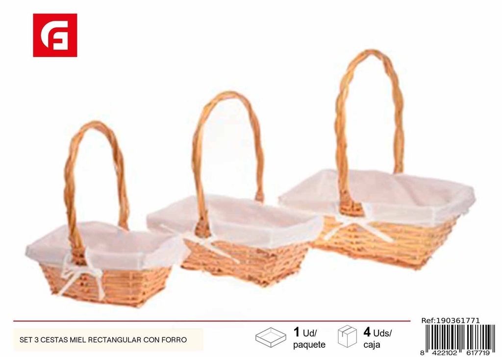 Set de 3 cestas miel rectangulares con forro - Decoración del hogar