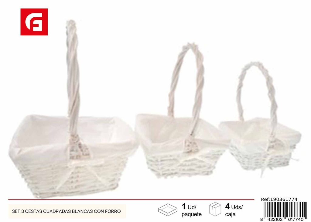 Set de 3 cestas cuadradas blancas con forro - Decoración del hogar