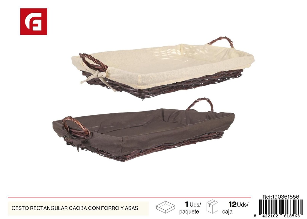 Cesto rectangular de caoba con forro y asas - Decoración del hogar y cestas de mimbre