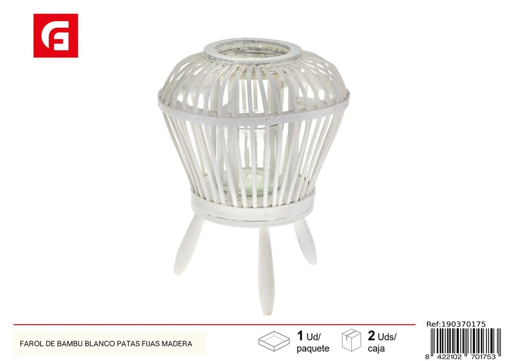 Farol de bambú blanco con patas fijas de madera para iluminación