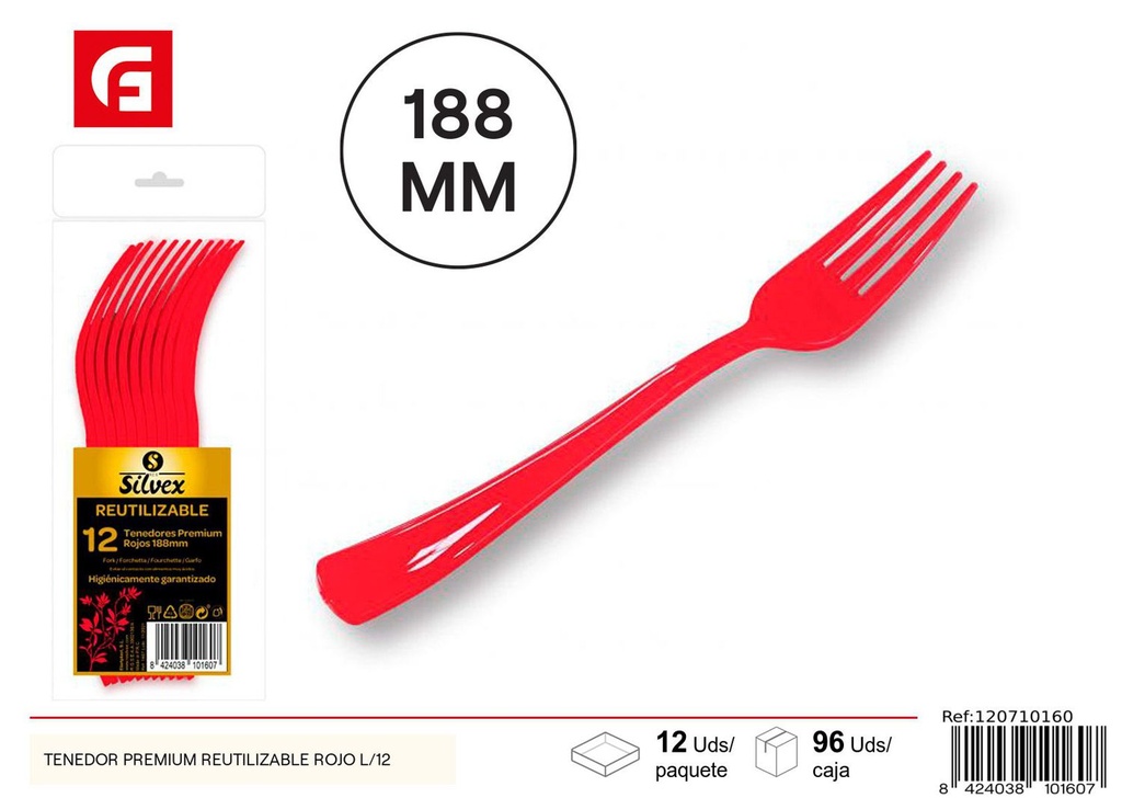 Tenedor premium reutilizable rojo L/12 para fiestas