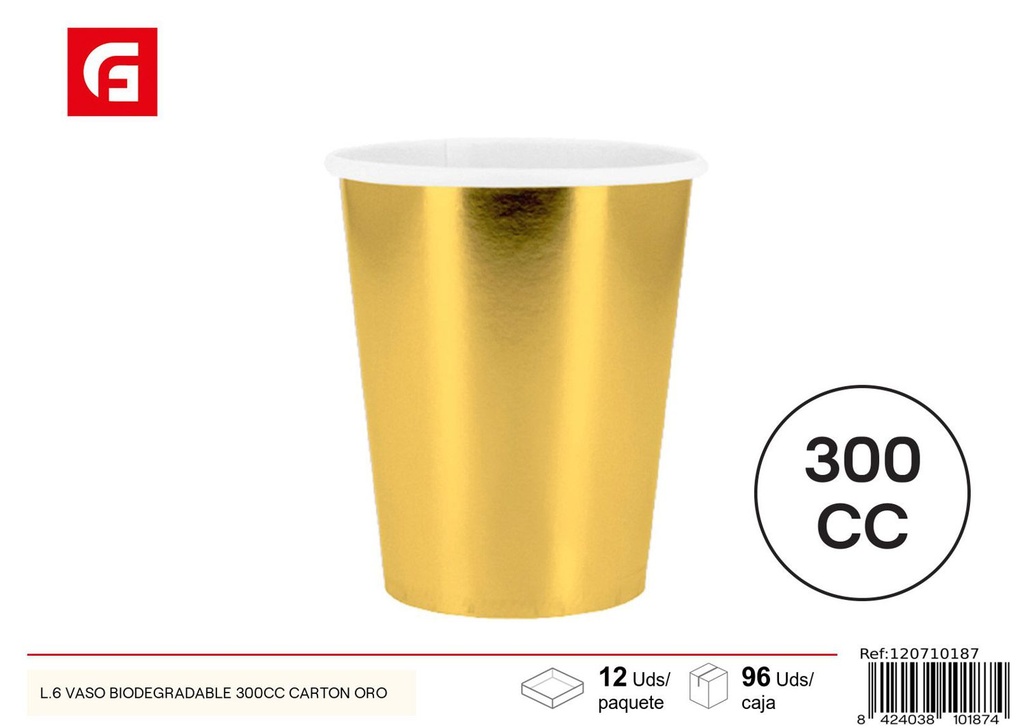 Vaso biodegradable 300cc de cartón oro para fiestas