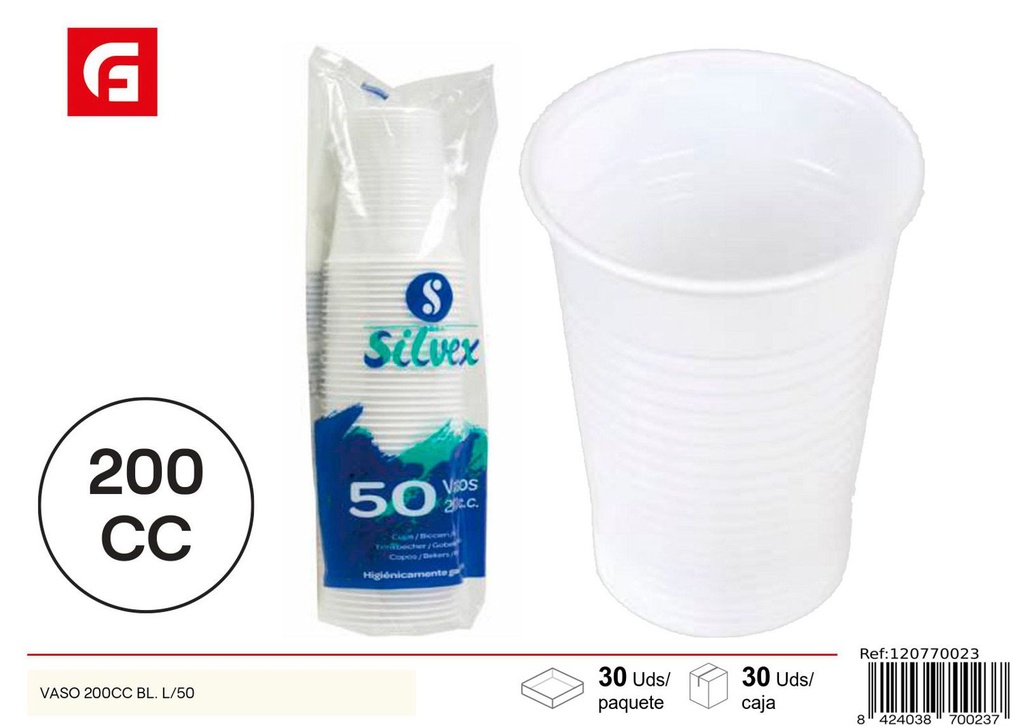 Vaso desechable de plástico 200cc blanco pack de 50 para fiestas y eventos