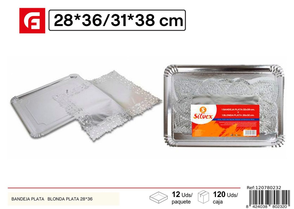 Bandeja plata con blonda plata 28x36cm desechable para fiestas