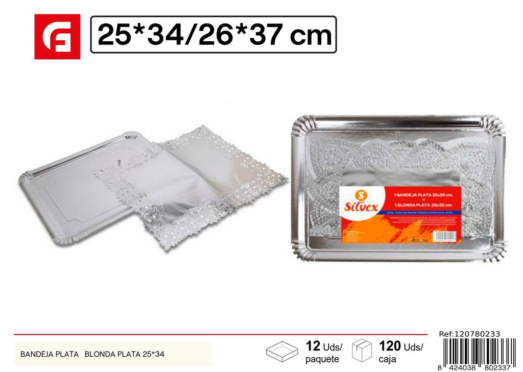 Bandeja plata con blonda plata 25x34 para fiestas