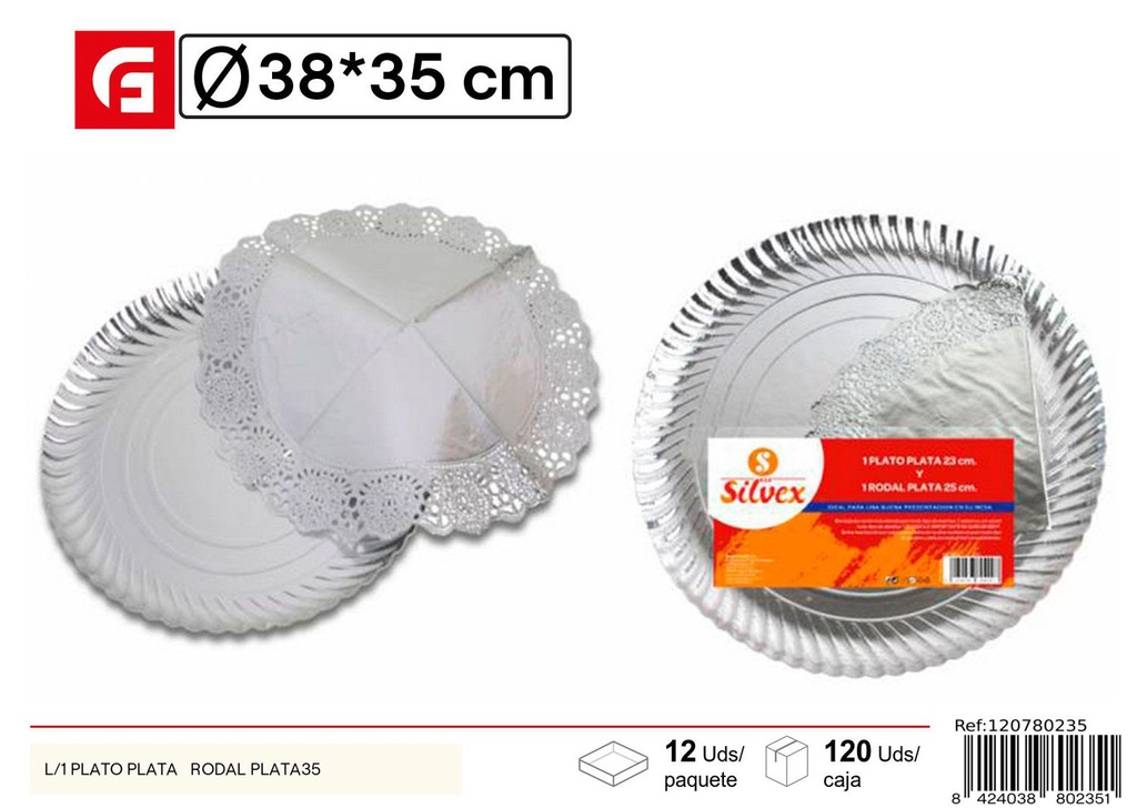 Plato de papel plata con rodal 35cm para fiestas y eventos