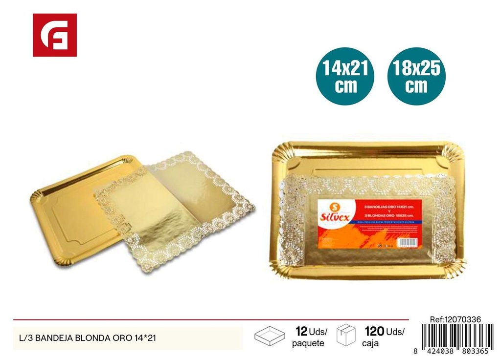 Bandeja con blonda de oro 14x21cm desechable