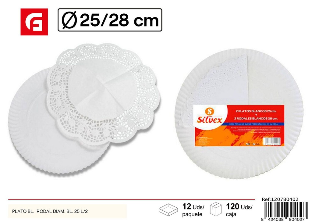 Plato desechable blanco con rodal 25cm pack de 2 para fiestas y eventos