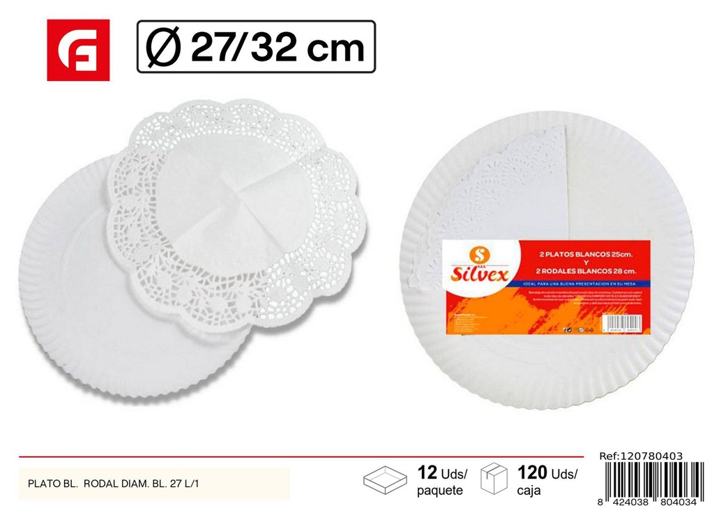 Plato de papel con rodal blanco 27cm