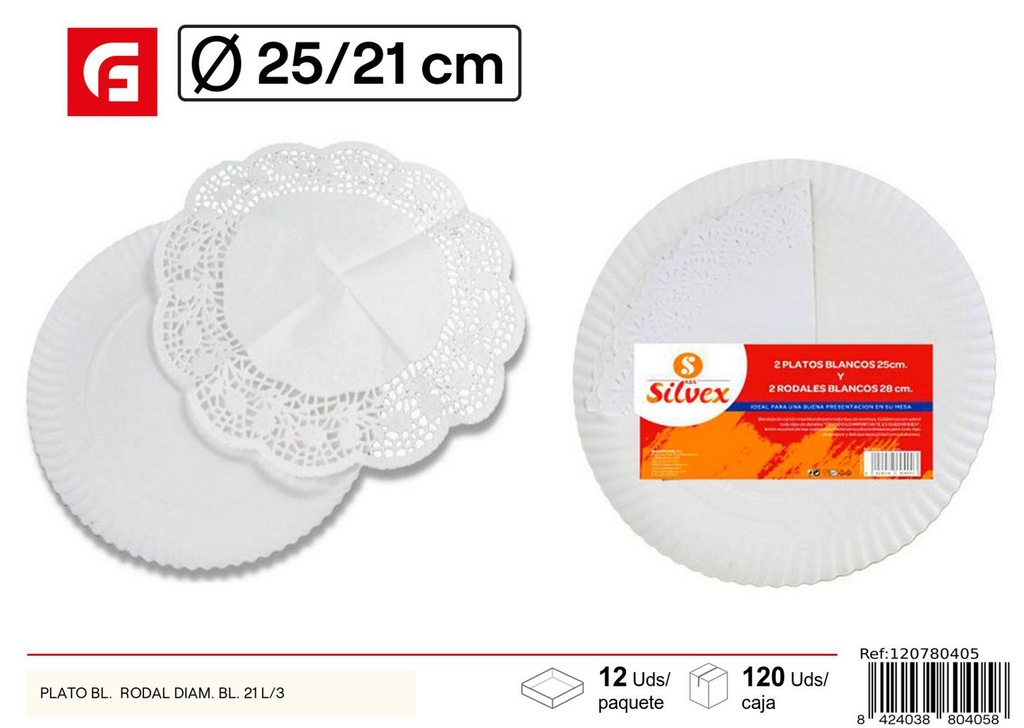 Plato de cartón blanco con rodal 21cm, 3 unidades