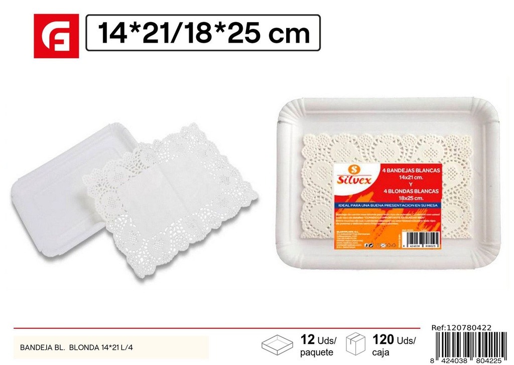 Bandeja blanca con blonda 14*21cm pack de 4 para fiestas y eventos