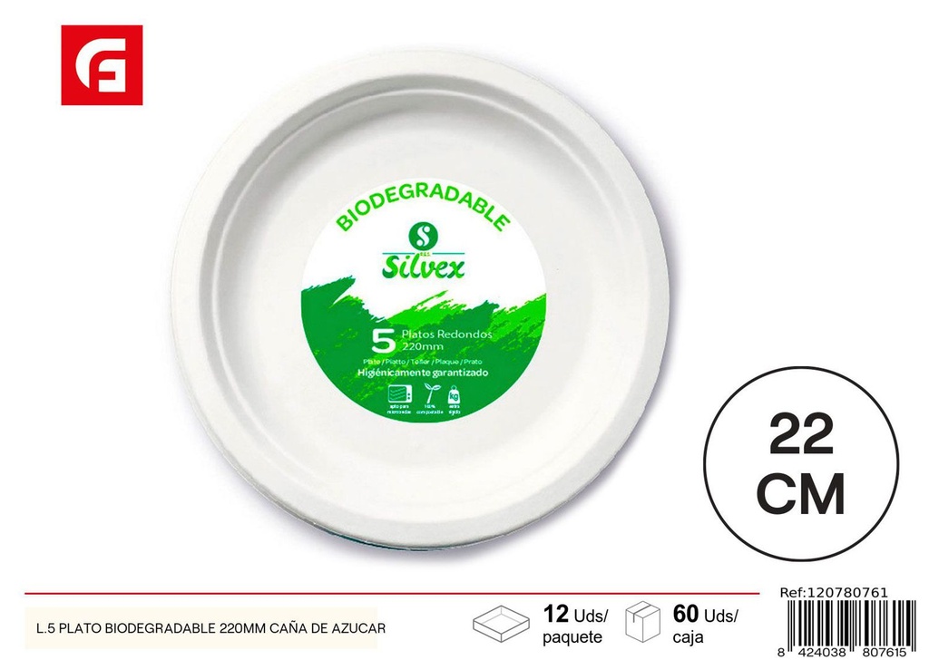 Plato biodegradable 220mm de caña de azúcar desechable para fiestas