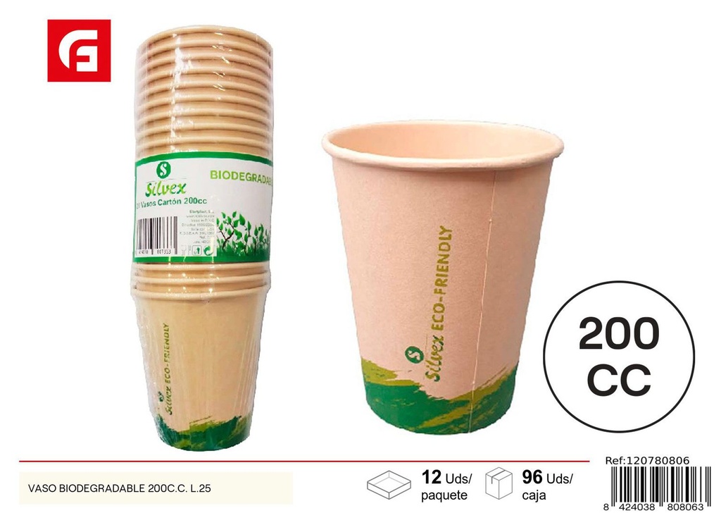 Vaso biodegradable 200cc L.25 desechable ecológico