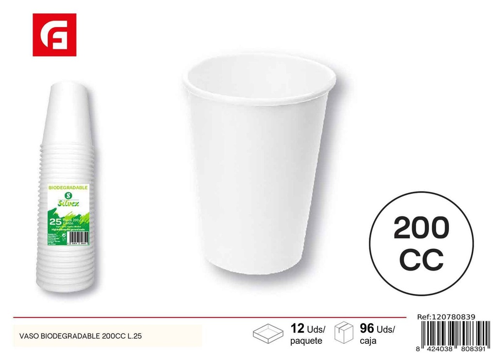 Vaso biodegradable 200 cc L.25 - Artículos desechables