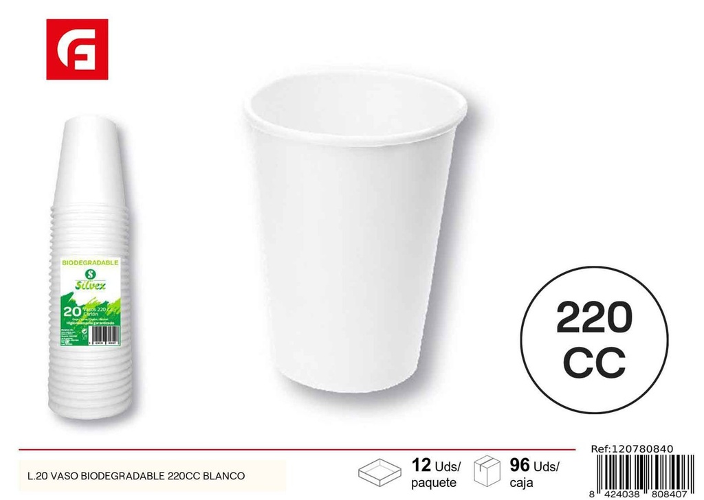 Vaso biodegradable 220cc blanco