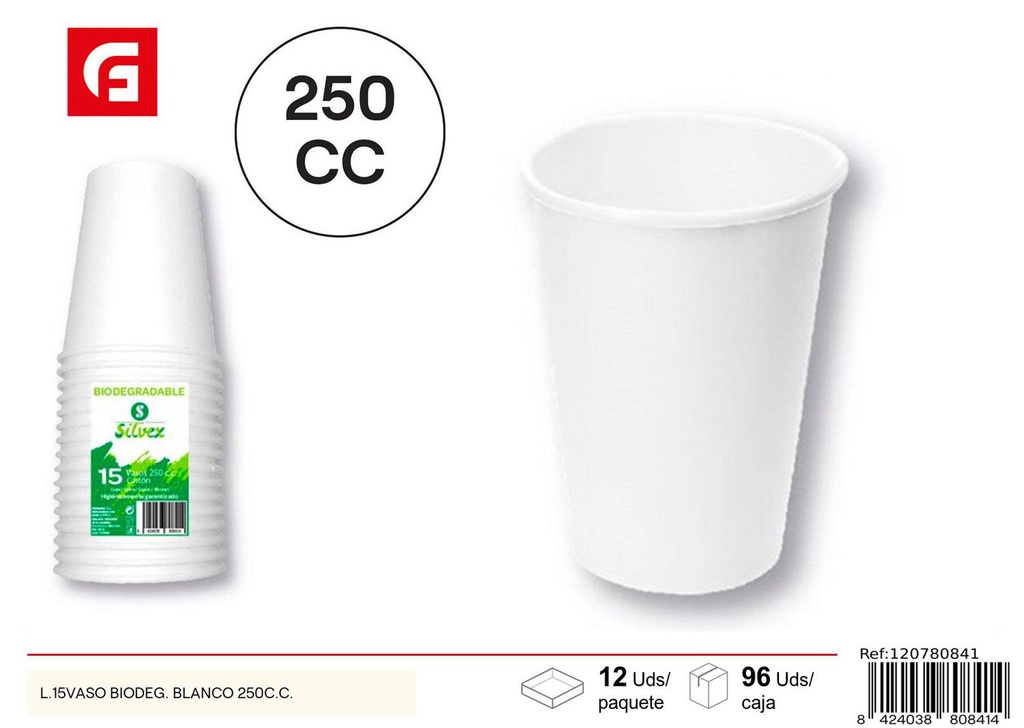 Vaso biodegradable blanco 250cc 15 unidades para fiestas eco-friendly