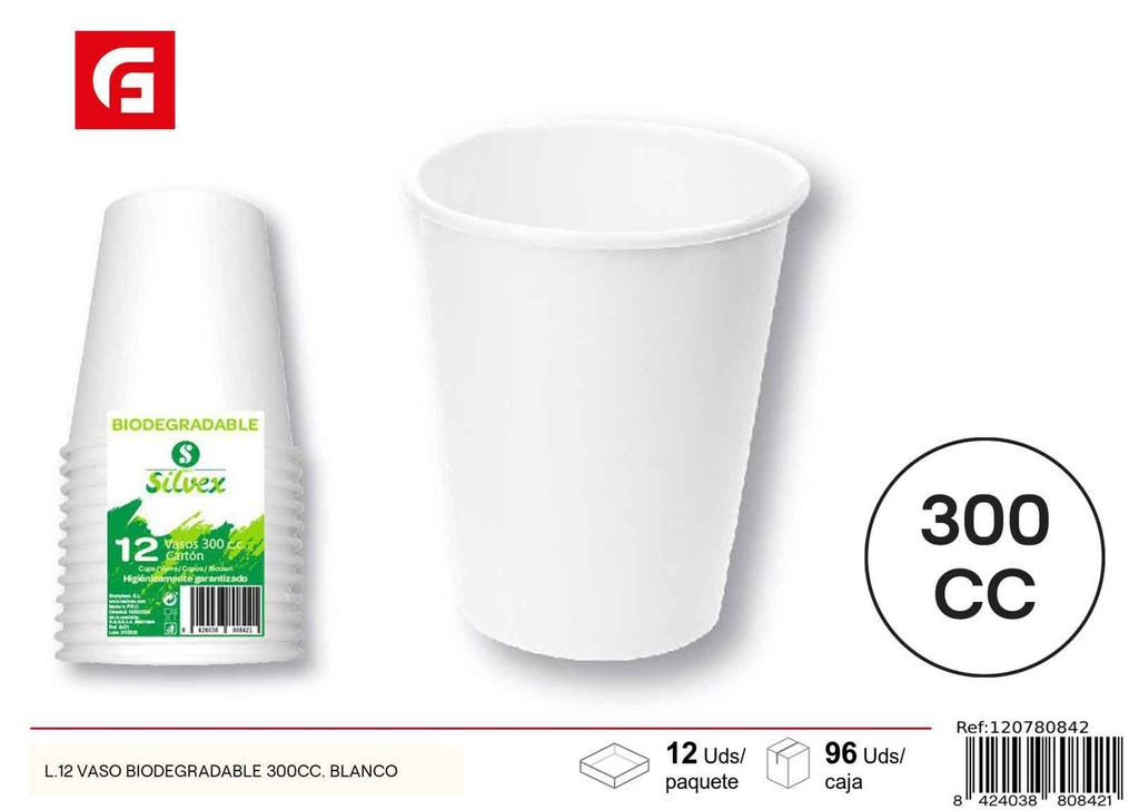 Vaso biodegradable 300cc blanco ecológico y desechable