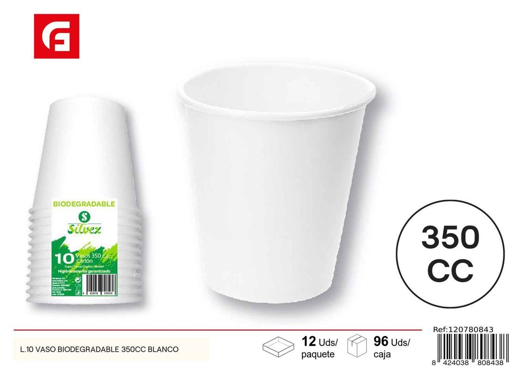 Vaso biodegradable blanco 350cc para fiestas y eventos