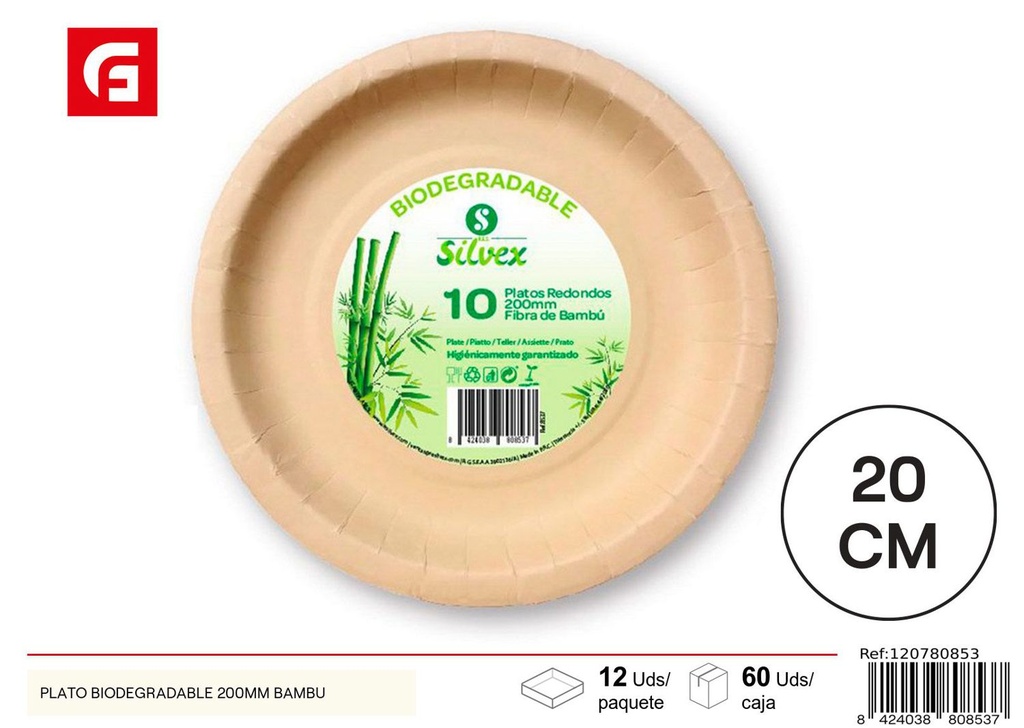 Plato biodegradable 200mm de bambú para fiestas y eventos