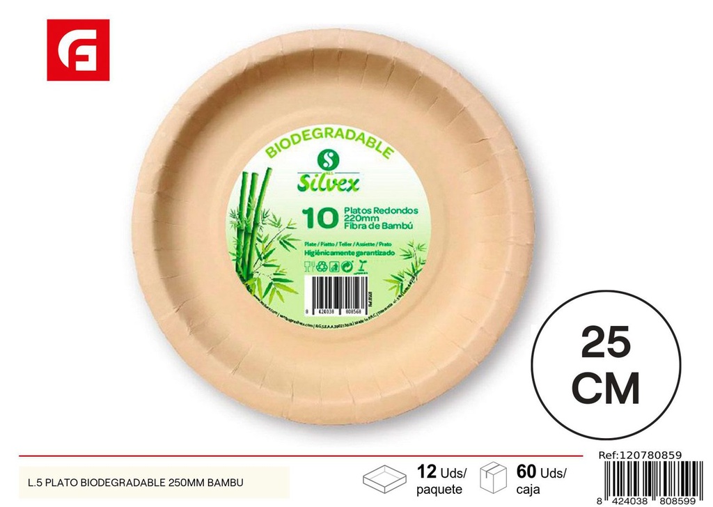 Plato biodegradable bambú 250mm para fiestas