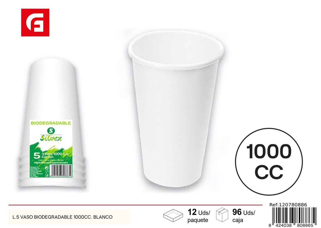 Vaso biodegradable 1000cc blanco para fiestas