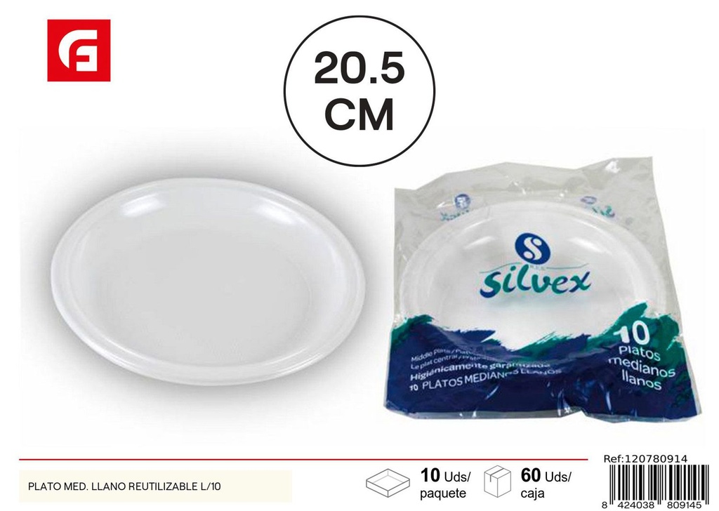 Plato llano reutilizable mediano (10 unidades) - Desechables