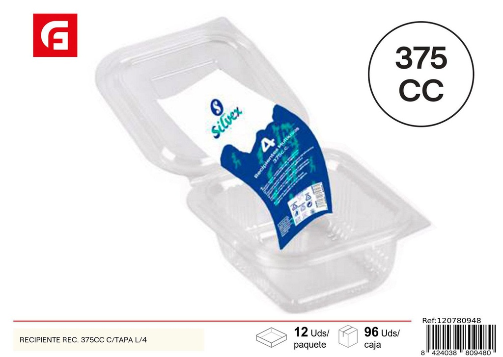 Recipiente rectangular 375 cc con tapa 4 pz - Envases para comida
