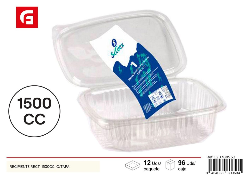 Recipiente desechable rectangular 1500cc con tapa para alimentos