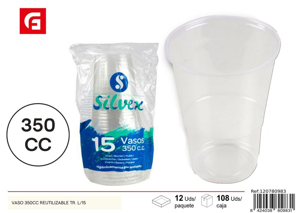 Vaso 350cc reutilizable transparente para fiestas y eventos