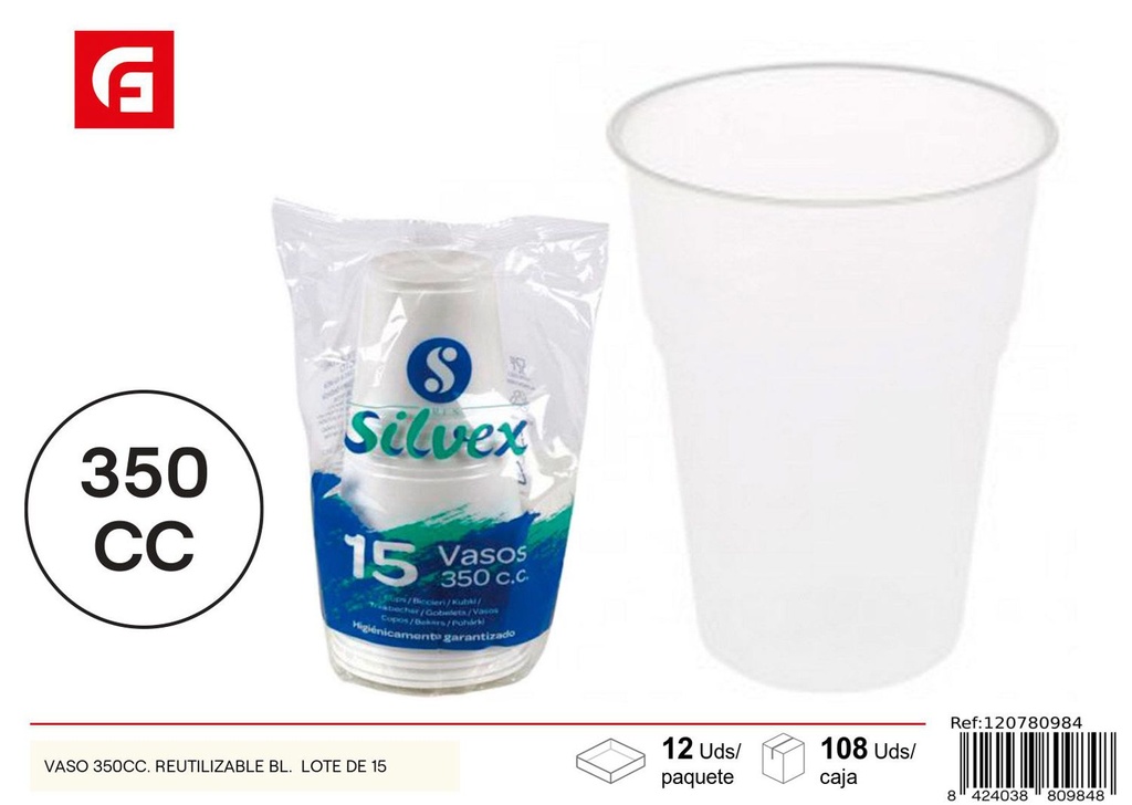 Vaso reutilizable 350cc lote de 15