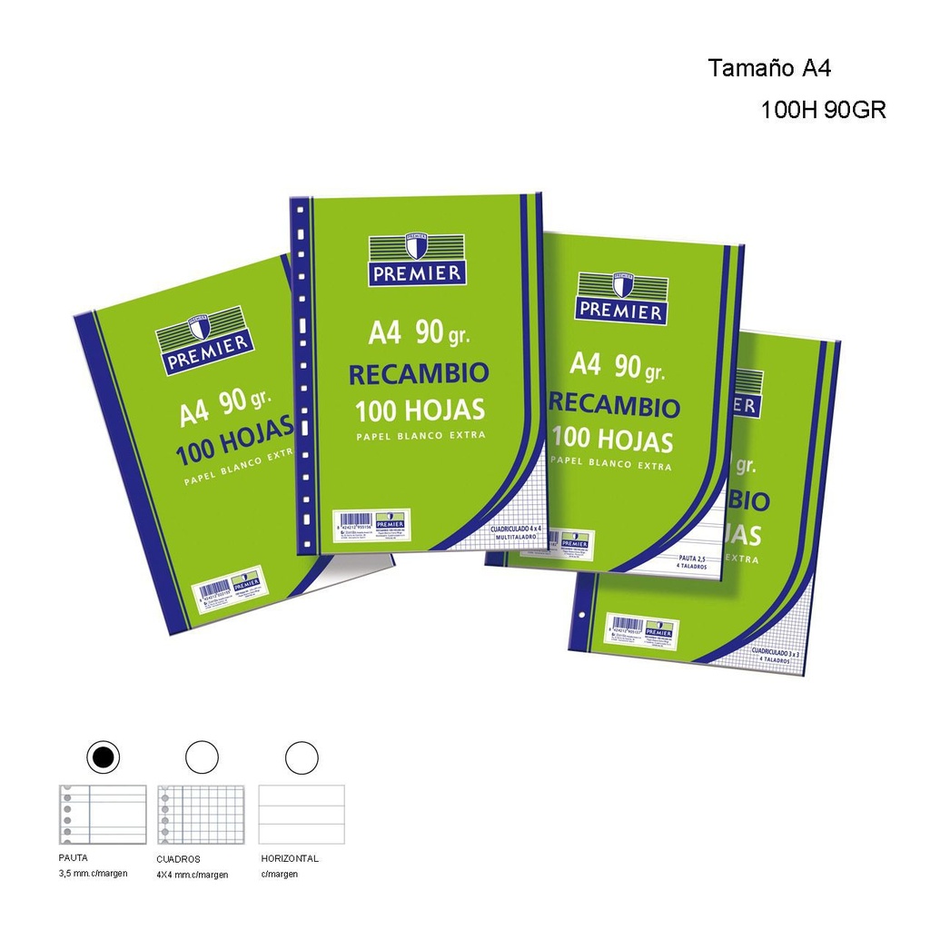 Recambio de papel A4 90gr 100h pauta 3,5mm para cuadernos