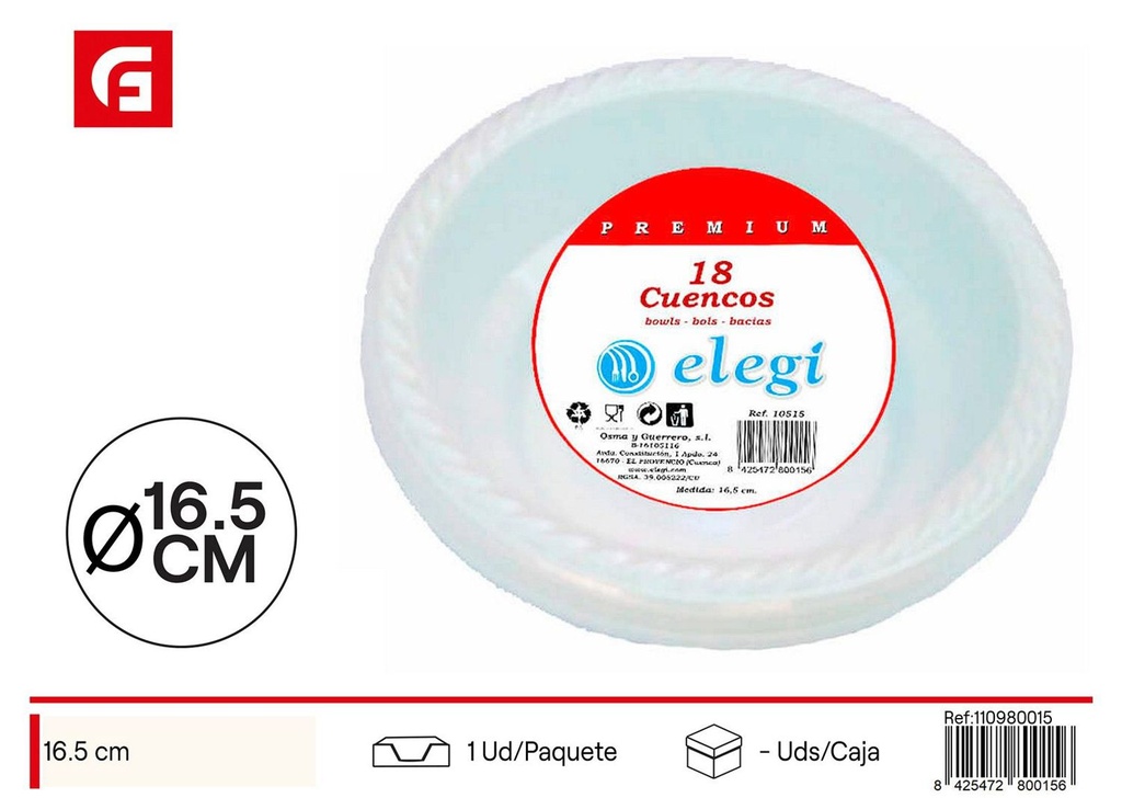 Cuenco desechable premium blanco 16.5cm 18ud - Platos y cuencos desechables