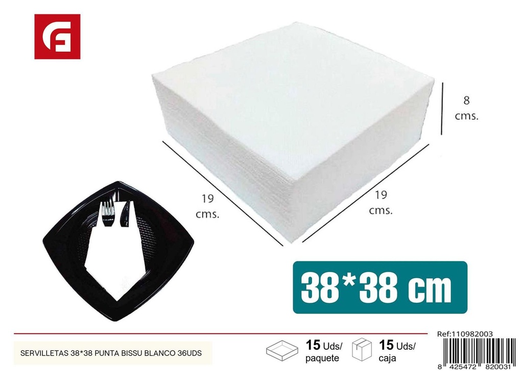 Servilletas blancas con punta bisú 38x38cm 36uds para eventos y catering