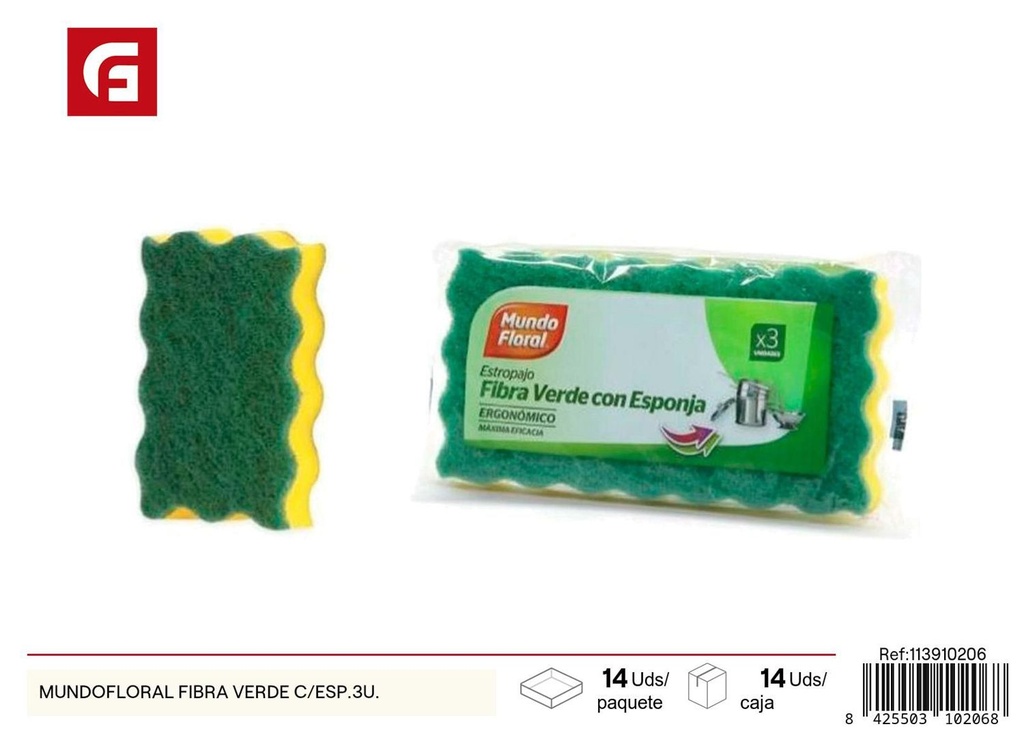 Esponja de cocina con fibra verde MUNDOFLORAL 3 unidades para limpieza