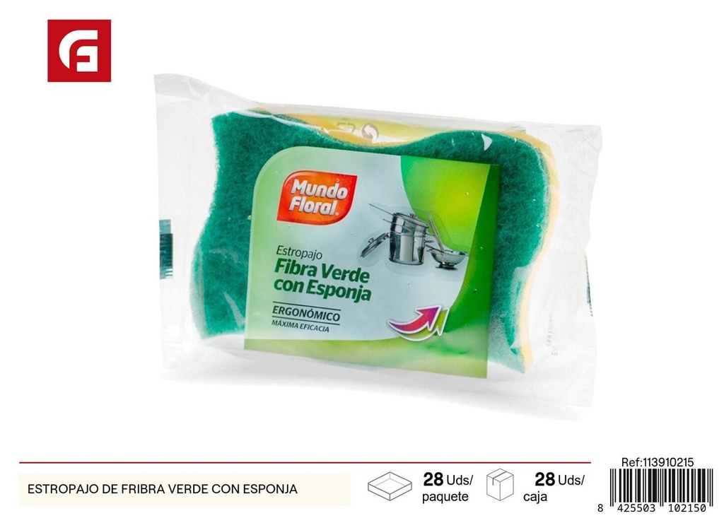 Estropajo de fibra verde con esponja para limpieza